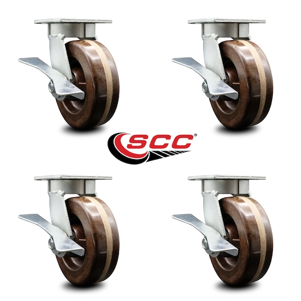 6 Inch Kingpinless High Temp Phenolic Wheel Swivel Caster Set with Brakes SCC